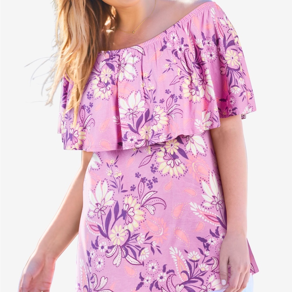 New woman within off shoulder ruffle floral pretty orchid tee 1x  A-45